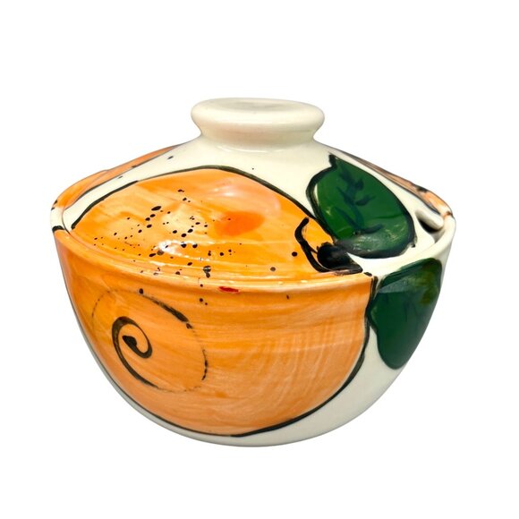 Art Studio Pottery Creamer Pitcher Lidded Sugar Bowl Set Oranges Citrus Signed - Picture 5 of 11